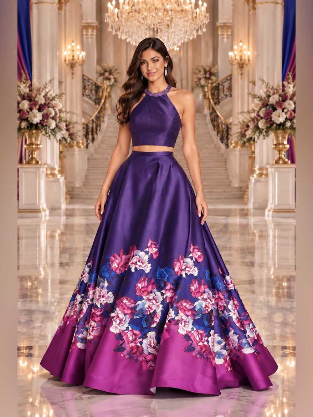 NWT Ellie Wilde EW118001 Sz 4 Purple Floral 2-Piece Gown Gala Prom Wedding